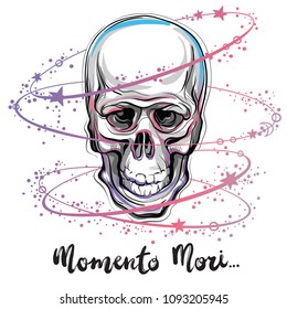 Trendy vector illustration of a human skull - the symbol of sacred life and bitter truth. Vintage tattoo design and mystic sign. Artwork is best for print, poster, t-shirt. Magic symbol art.