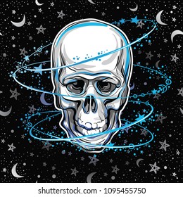 Trendy vector illustration of a human skull over the Space pattern background. Magic symbol of sacred life and bitter truth. Vintage tattoo design and mystic sign. Best for print, poster, t-shirt.