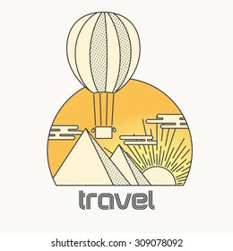 Trendy vector illustration. Line art style. Skyline, travel around the world. Air balloon in a desert with pyramids