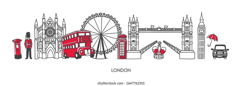 Trendy Vektorillustration Illustration London, Großbritannien. Berühmte britische Attraktionen und Sehenswürdigkeiten im minimalistischen Linienstil. Horizontaler Skyline-Banner für Andenken-Print-Design oder Stadtwerbung