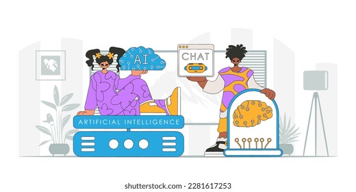 A trendy vector illustration of a male and female AI team.