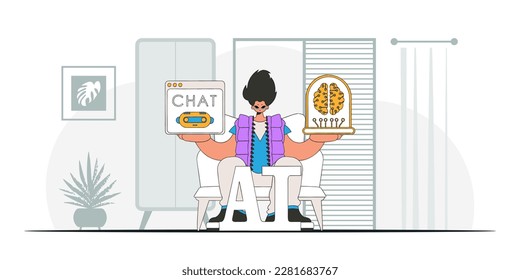 A trendy vector illustration of a man holding an AI brain.