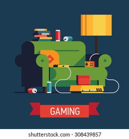 Trendy vector illustration on 'Gaming' with home video game console with controllers and cartridges, cozy green sofa, and soda cans  | Having fun playing good old video games concept illustration