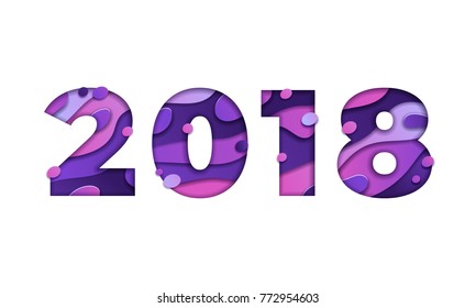 Trendy vector illustration with papercut effect. happy new 2018 year in ultra violet color palette. Multi layers texture design.