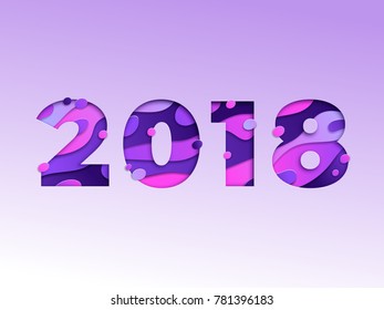 Trendy vector illustration with papercut effect. happy new 2018 year in ultra violet color palette. Multi layers texture design.