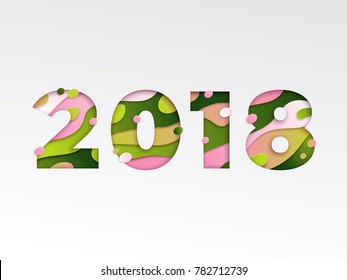 Trendy vector illustration with papercut effect. happy new 2018 year in rose-green spring color palette. Multi layers texture design.