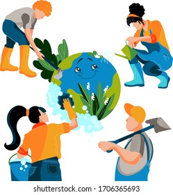 Trendy vector illustration, People Cleaning the Earth Planet, Volunteers Taking Care About Planet Ecology, Environment, Nature Protection.Team work concept. 