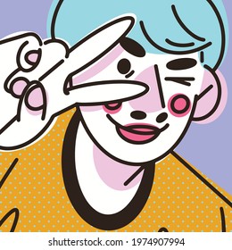 Trendy vector illustration, print, postcard with winking boy, guy.