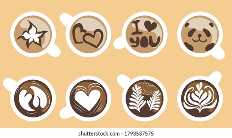  Trendy vector illustration. Set of latte art coffee in cups. Top down view. Variety of milk foam drawings on coffee. Latte art design. Individual elements for web, app use.