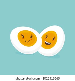 Trendy Vector illustration: slices or cuts of a hard boiled egg with smiling faces. Halves of boiled egg. Great as nursery print, posters.