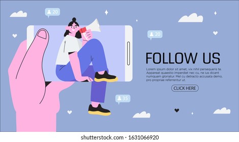 Trendy vector illustration for social media banner. Hand hold smartphone with a woman shouting in loud speaker. Influencer marketing, social media or network promotion, SMM , landing page, blog post.