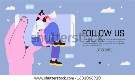 Trendy vector illustration for social media banner. Hand hold smartphone with a woman shouting in loud speaker. Influencer marketing, social media or network promotion, SMM , landing page, blog post.