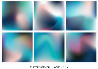 Trendy vector illustration in soft gradient mesh style. Abstract square backgrounds feature smooth blends of blue, pink, teal, and purple hues with fluid, organic shapes and dreamy light effects.