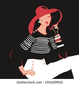 trendy vector illustration stylish girl posing in hat. stylized magazine illustration flat art, line