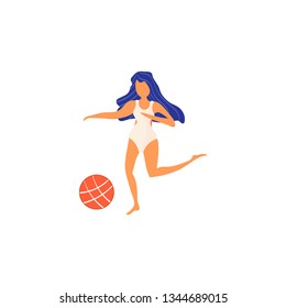 Trendy vector illustration for summer beach activity during summertime vacations promotion: a girl or woman with swimming suit or swimsuit on playing beach ball isolated.