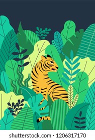 Trendy vector illustration. Tiger in the tropical jungle.