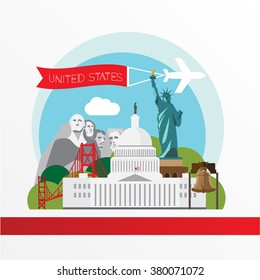 Trendy vector illustration of USA landmarks. Capitol , Statue of Liberty, Golden Gate bridge, Liberty Bell and Mount Rushmore National Memorial.