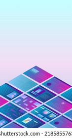 Trendy vector illustration with web pages and user interfaces. Backdrop in neon colors with place for text. Vertical banner for advertising