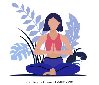 Trendy vector illustration of a woman practicing yoga. Yoga and meditation. Woman sitting in lotus position. International Yoga Day