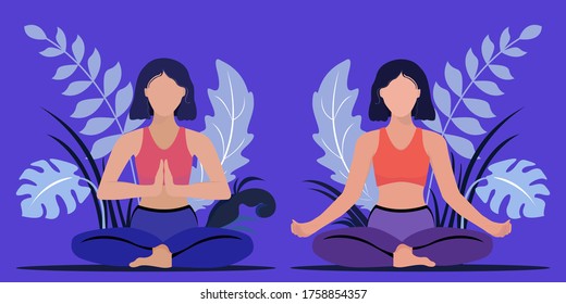 Trendy vector illustration of a woman practicing yoga. Yoga and meditation. Woman sitting in different positions. International Yoga Day.Set