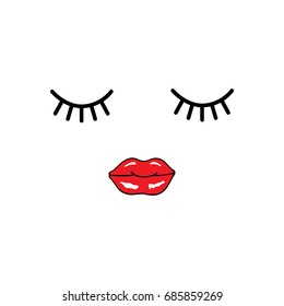 Trendy vector illustration. Woman's face with eyelashes and red lips. Sleeping beauty. Modern design.
