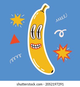 Trendy Vector illustrations funny face banana patch, stamp or sticker with abstract cute comic character.