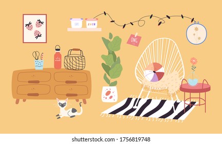 Trendy vector interior flat illustration. Сomfortable space with different furniture. Cozy room, plants, succulents, a place to relax, cats, flowers, cushions, pillows, posters, carpet, garland.