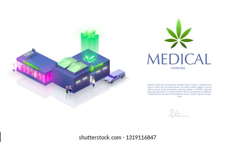 Trendy VECTOR isometric image of Medical Cannabis store and greenhouse with people and delivery car around on white
background. Logo with Sativa leaf and FAQ text. 