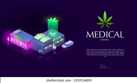 Trendy VECTOR isometric image of Medical Cannabis store and greenhouse with people and delivery car around on dark lilac
background. Logo with Sativa leaf and FAQ text. 