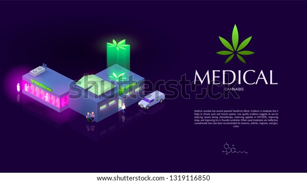 Trendy VECTOR isometric\
image of Medical Cannabis store and greenhouse with people and\
delivery car around on dark lilac\
background. Logo with Sativa\
leaf and FAQ text. 