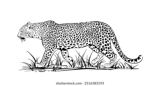 Ilustração de leopardo vetor na moda, desenho de animais preto e branco, gato selvagem na natureza, arte da vida selvagem, arte da linha de leopardo andando, felino desenhado à mão, animais de safári, cartaz da natureza design gráfico detalhado