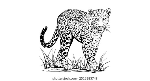 Ilustração de leopardo vetor na moda, desenho de animais preto e branco, gato selvagem na natureza, arte da vida selvagem, arte da linha de leopardo andando, felino desenhado à mão, animais de safári, cartaz da natureza design gráfico detalhado