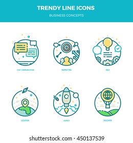 Trendy vector line business icons. Concept of chat communication, marketing, idea, location, launch and discover. Simple and minimal illustrations