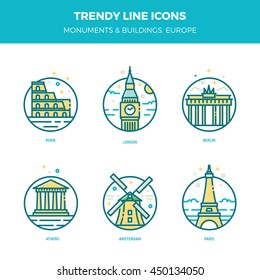 Trendy vector line landmarks and monuments icons. Famous Europe symbols: Coliseum, Rome; Big Ben, London; Brandenburg gate, Berlin; Parthenon, Athens; Windmill, Amsterdam and Eiffel tower, Paris