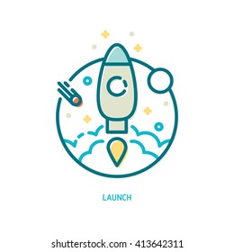 Trendy vector line rocket in flight icon. Launch icon. Discover icon. Explore icon.