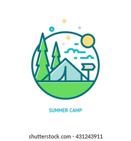 Trendy vector line summer camp icon. Vector illustration of camping tent, green trees, sun and clouds