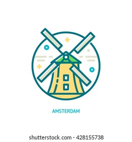 Trendy vector line windmill icon. Amsterdam, Netherlands