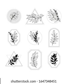 Trendy vector logos with drawings in linear style. Black geometric shapes with leaves and branches. Line and silhouette. 