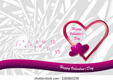 Trendy vector of love theme showing pink frame heart in the right side of the vector. Many small day numbers with a free place for your text are in the left side. All on the abstract prism background
