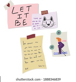 Trendy vector notes and sketches clipped to wall. Flat style concept of motivation lettering and simple drawings. Creative memo and illustration sheets for web, app, decoration, cover, clipart, print.