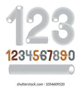 Trendy vector numerals collection. Modern funky numbers from 0 to 9 best for use in logo, poster creation. Made with 3d cylinder tube design, industry style.