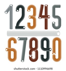 Trendy vector numerals collection. Modern condensed, tall, funky numbers from 0 to 9 best for use in logo, poster creation. Created with hosepipe style, plumbing.