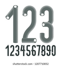 Trendy vector numerals collection. Modern condensed, tall, funky numbers from 0 to 9 best for use in logo, poster creation. Created using dimensional vacuum pipe style.