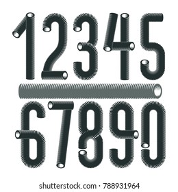 Trendy vector numerals collection. Modern funky numbers from 0 to 9 best for use in logo, poster creation. Made with industrial hose, 3d cylinder tube design.