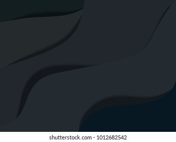 Trendy vector paper cut 3d effect grey background layers. Black waves and lines curved. Papercut abstract concept texture. Cutout realistic dark wavy  decoration.  Paper art.