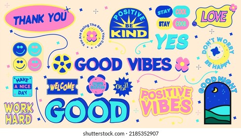 Trendy vector patch design element pack. Hand Drawn Stickers about: Positive and Good Vibes, Love, Kindness and Hard work