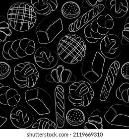 Trendy vector pattern for bakery or cafe.Illustrations of buns,bread, baguette,and other pastries for packaging,labels,or signage.Line Art illustration of food for banner, flyer or menu