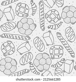 Trendy Vector Pattern For Bakery Or Cafe.Illustrations Of Buns,bread, Baguette,and Other Pastries For Packaging,labels,or Signage.Line Art Illustration Of Food For Banner, Flyer Or Menu