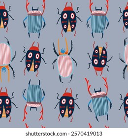 Trendy vector pattern featuring colorful, stylish bugs with unique dotted designs on a pastel background. Perfect for decorative purposes, textiles, wallpapers, and creative projects with an insects