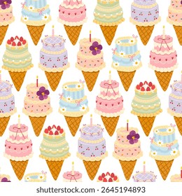 Trendy vector pattern featuring cute bento cakes in waffle cones, decorated with strawberries, bows, cherries, and flowers. A kawaii stylish packaging or design, baby printables, and summer textile